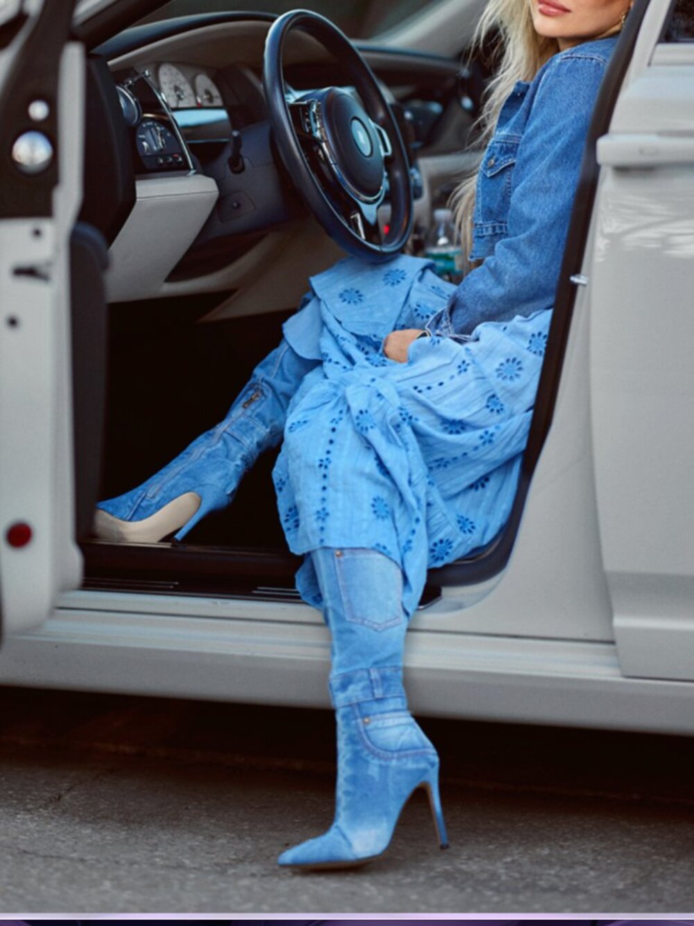 Women's Blue Denim High Heel Boots
